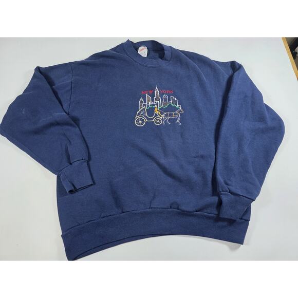 Vintage New York City Embroidered Crewneck Pull Over Sweater Navy Horse Carriage - Picture 1 of 5